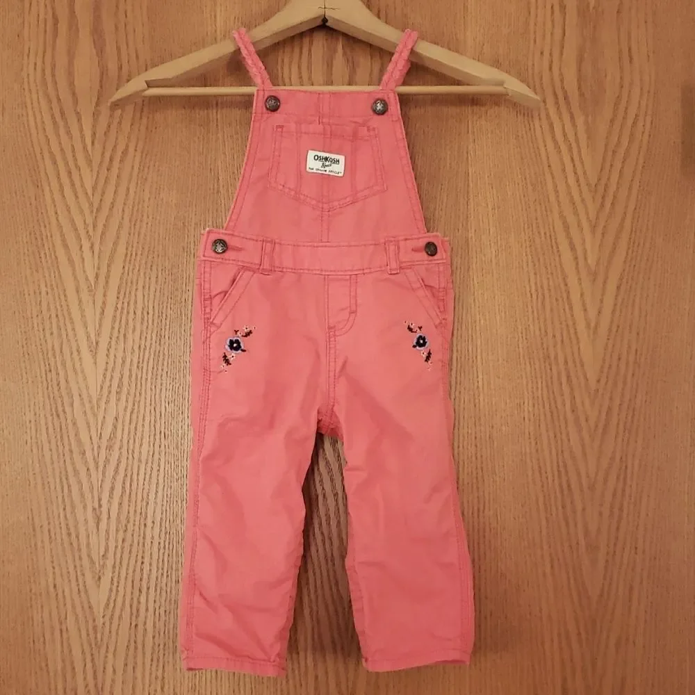 Oshkosh B'gosh Coral Overalls - Embroidered Floral Accents Braided Straps Sz 18M